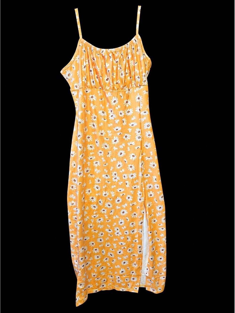 Yellow Floral Midi Slip Dress with Spaghetti Straps